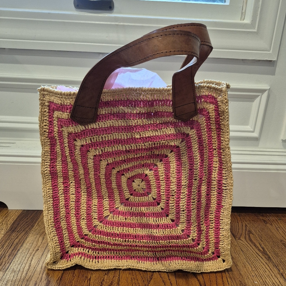 Mar Y Sol Geometric Square Pink and Tan Tote Bag with Leather Handle